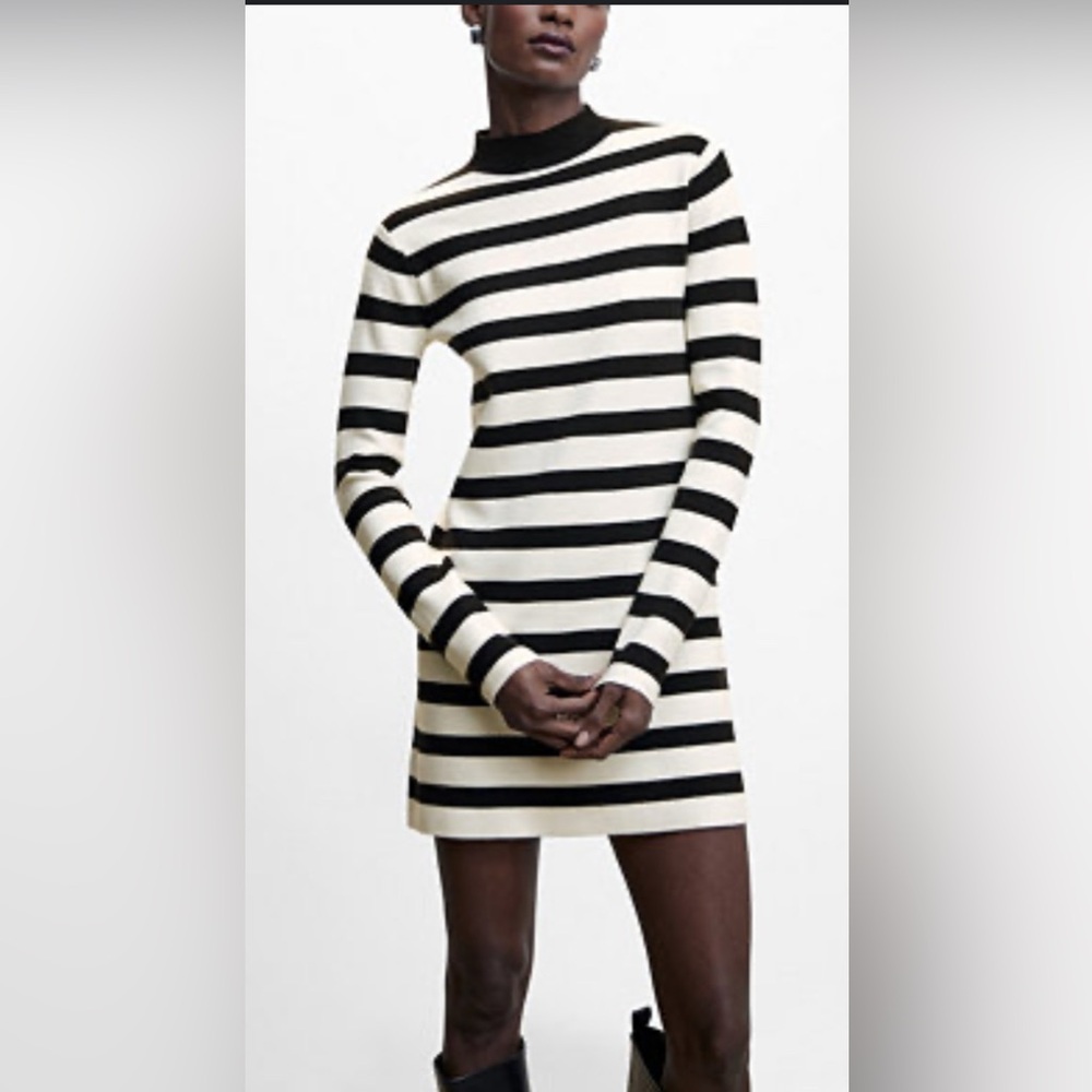 MANGO Striped Knitted Perkins Neck Dress Black / White Medium